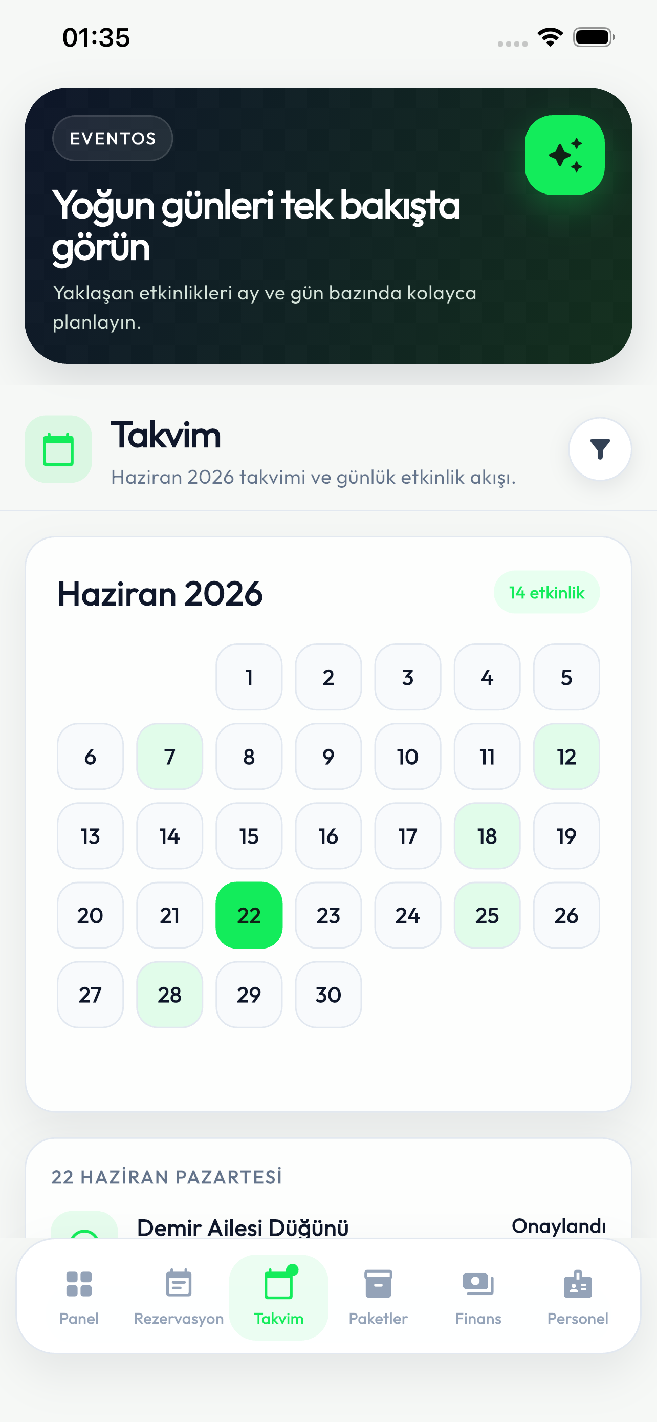 EventOS takvim ekranı