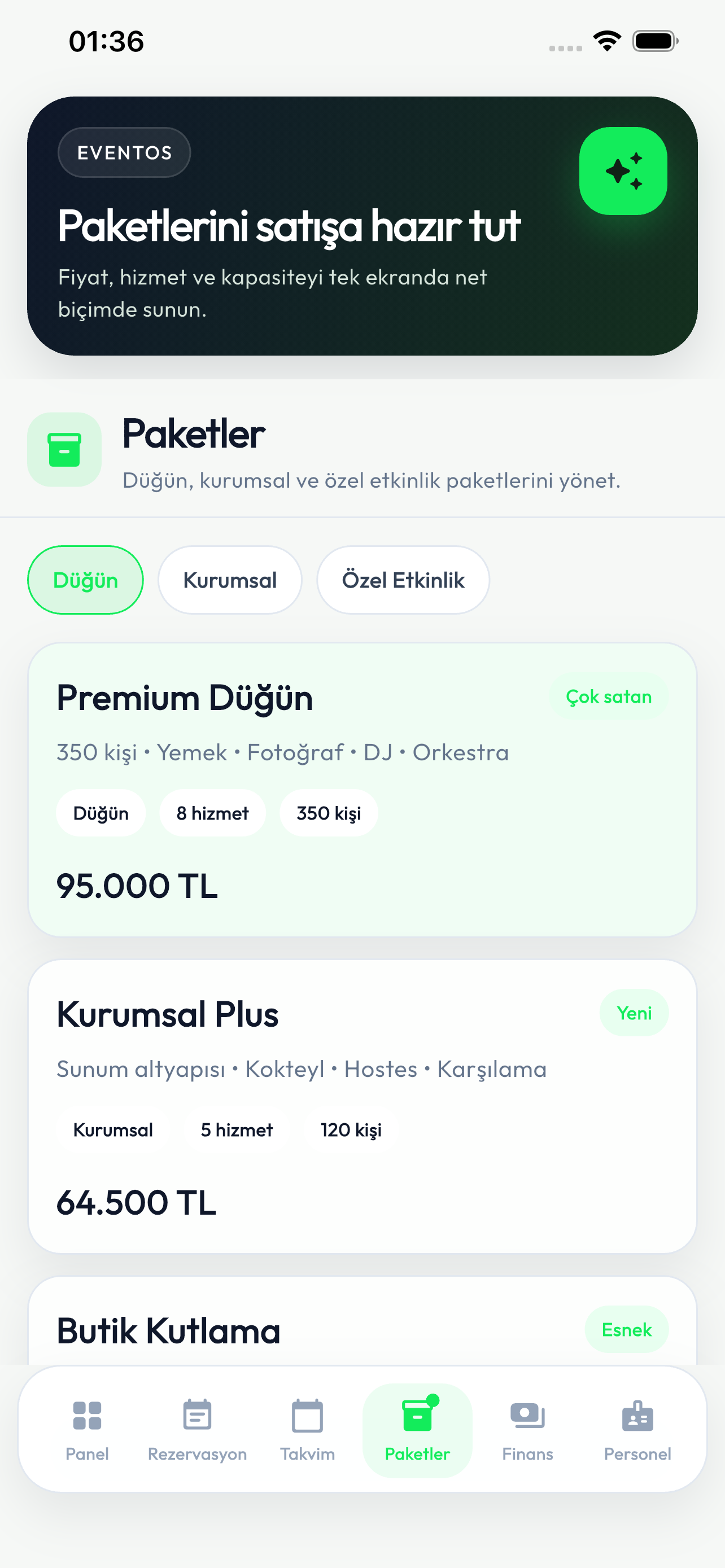 EventOS paketler ekranı