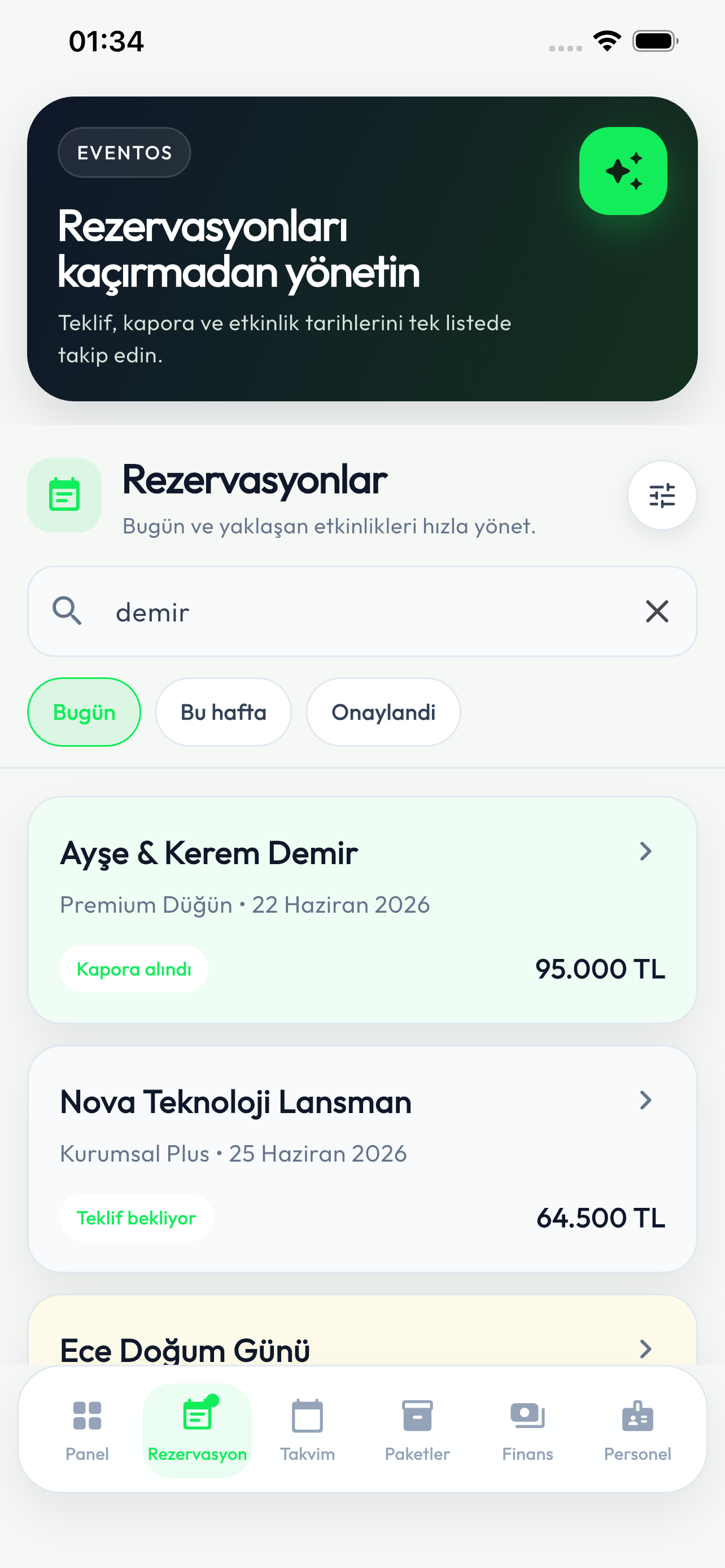 EventOS rezervasyon listesi ekranı